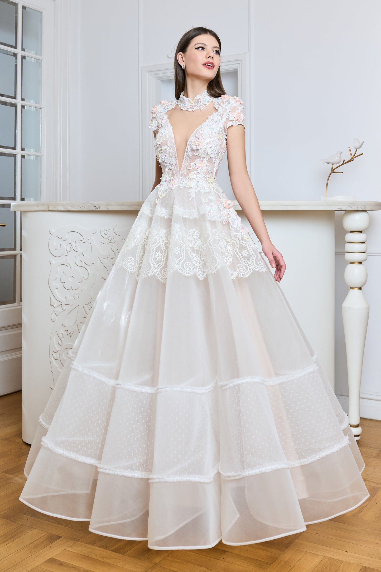 High Neck Short Sleeve Embroidered Ball Gown