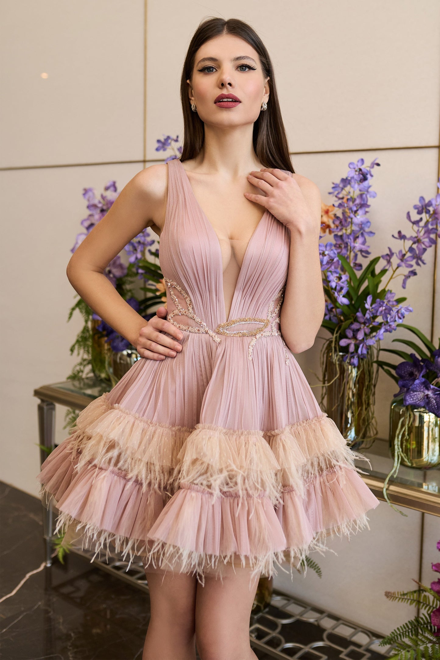 Embroidered Feathered Cocktail Dress