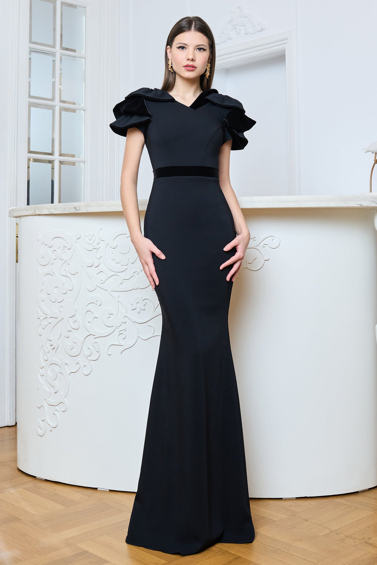 Ruffled Sleeve Velvet Gown
