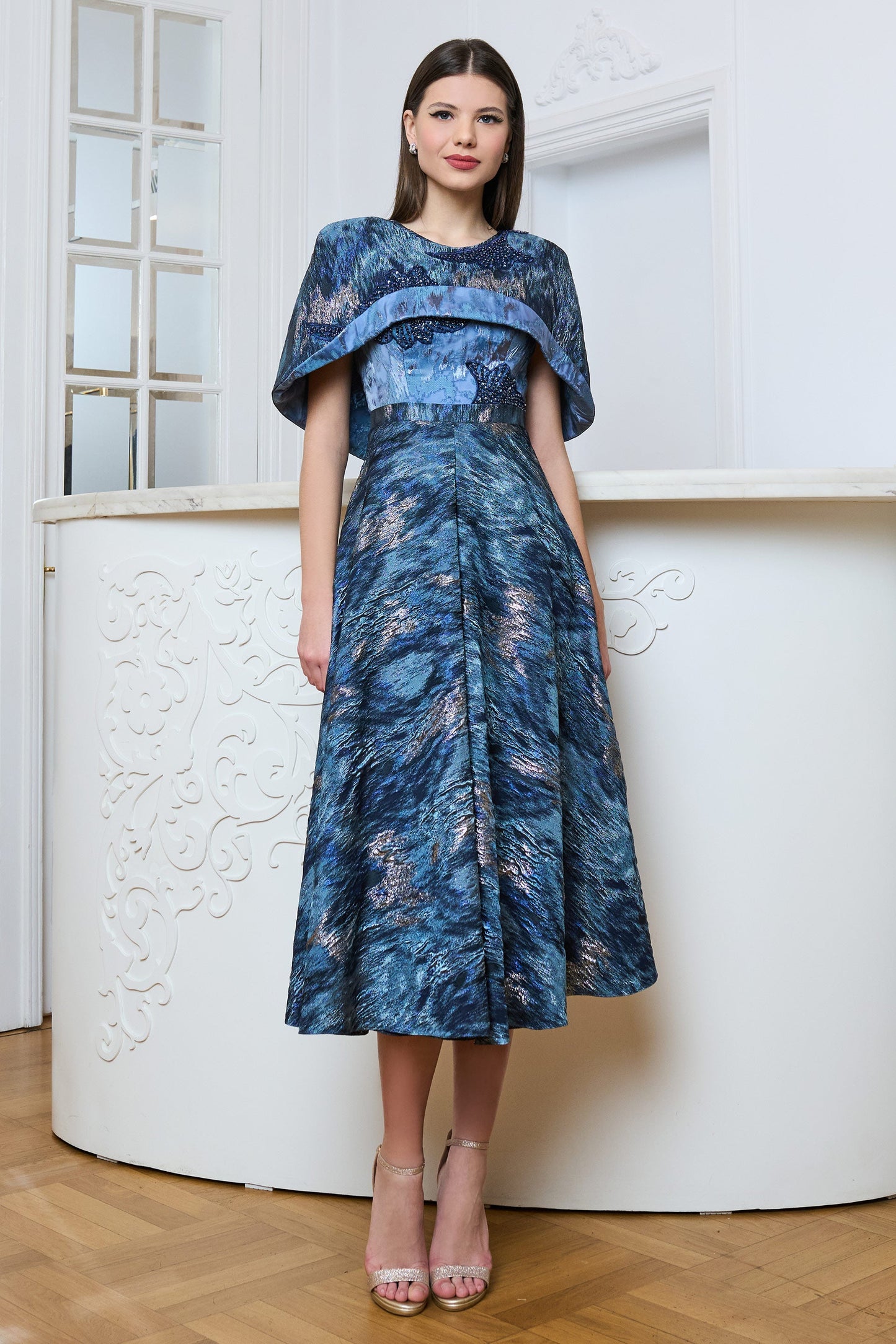 Embroidered Taffeta Midi Dress