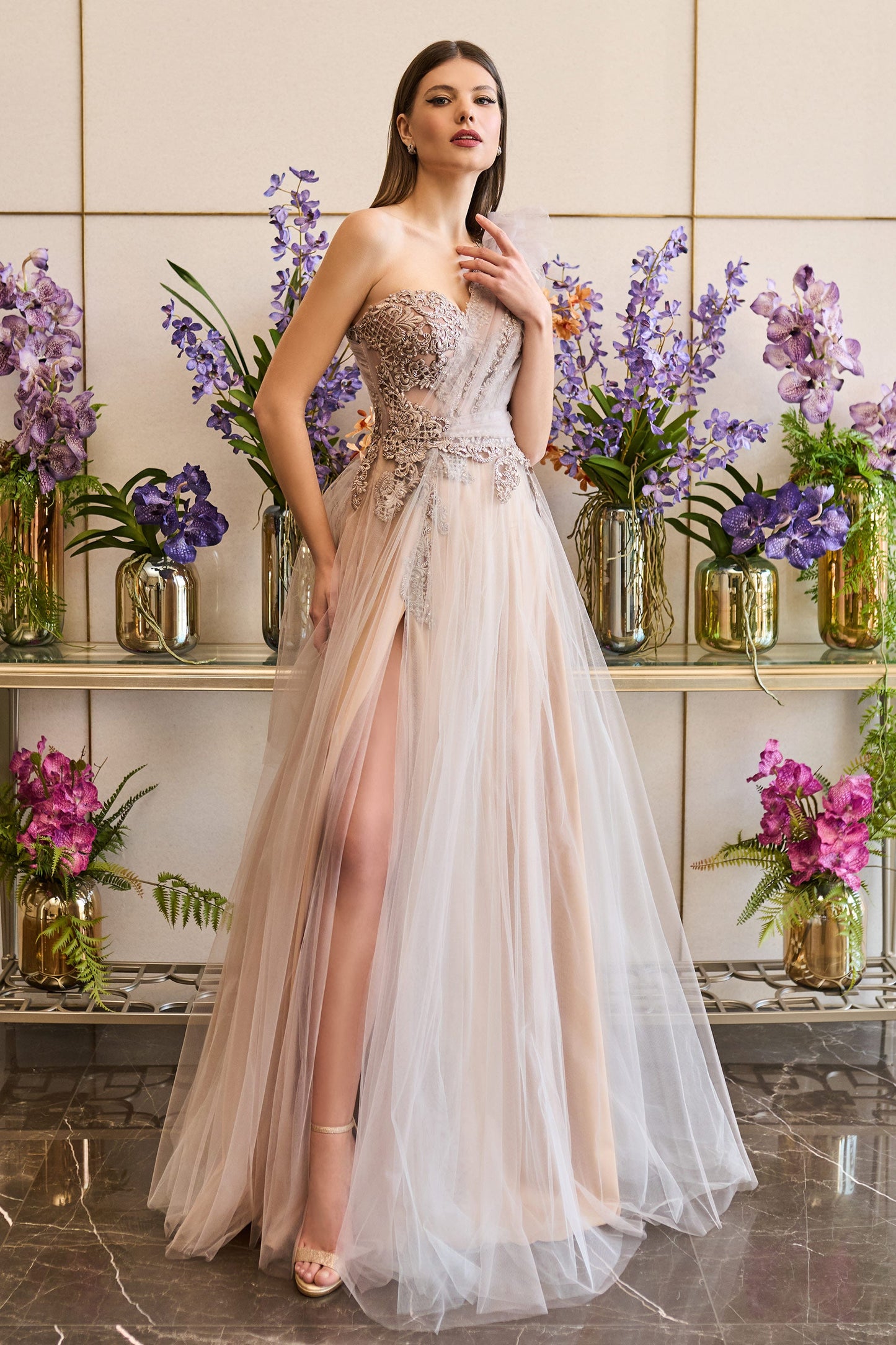 One Shoulder Embroidered Tulle Slit Gown