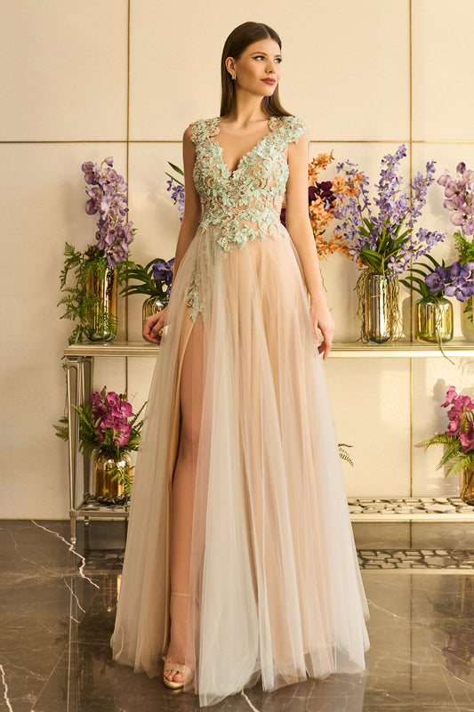 Cap Sleeve Embroidered Tulle Slit Gown