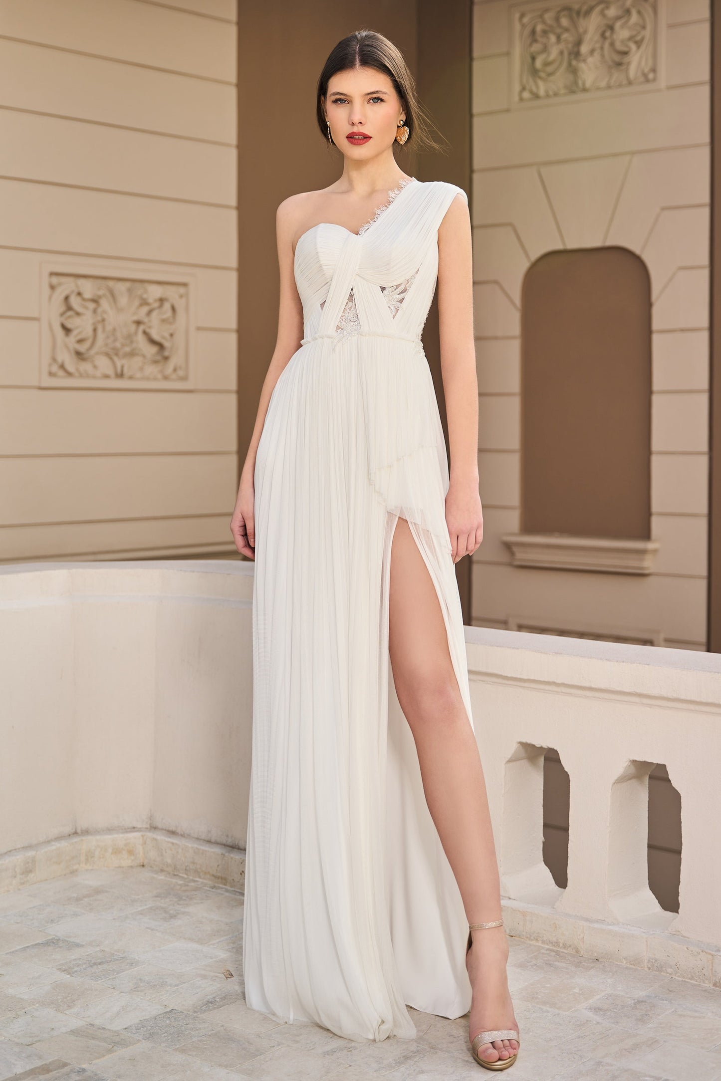 Wide One Shoulder Pleated Slit Gown