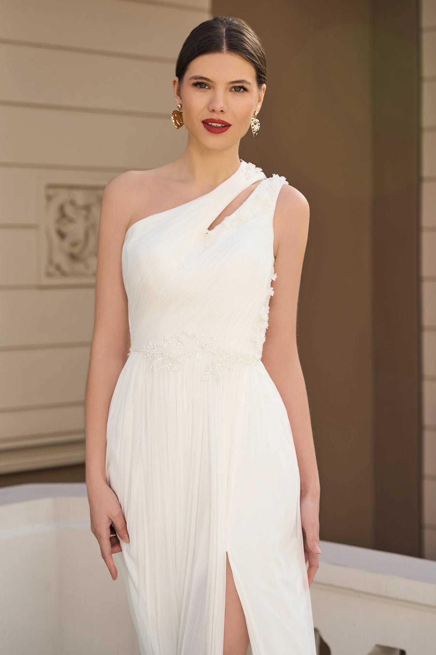 One-Shoulder Pure Silk Tulle and Lace Gown