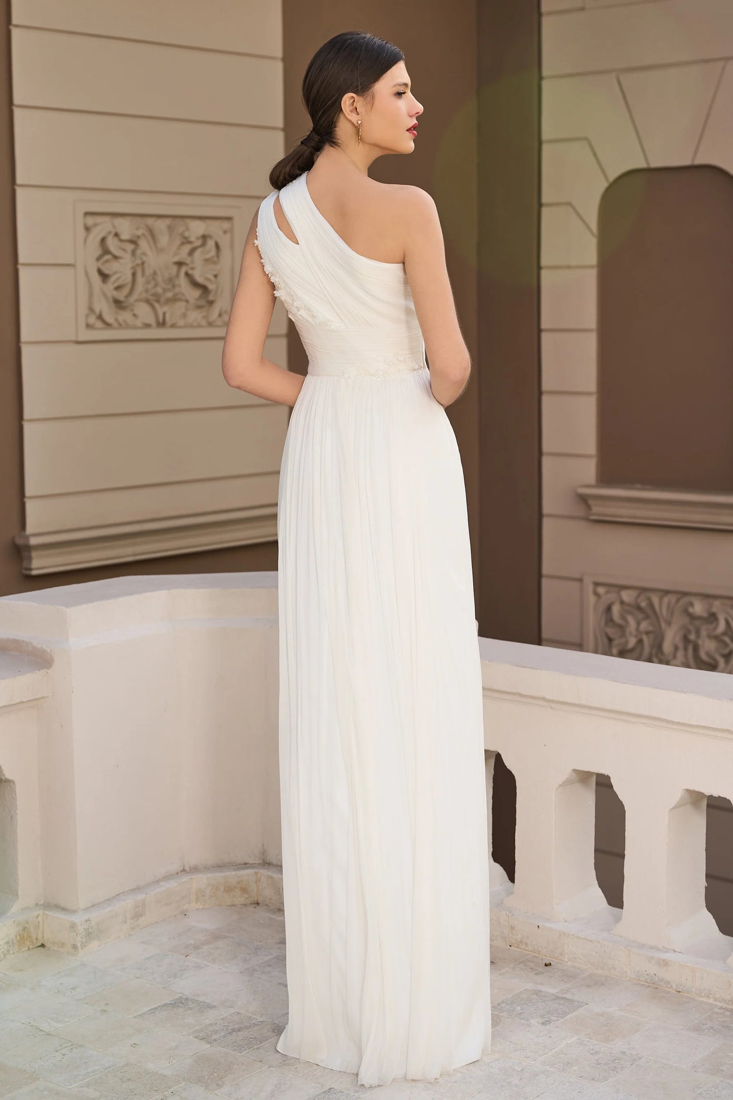 One-Shoulder Pure Silk Tulle and Lace Gown