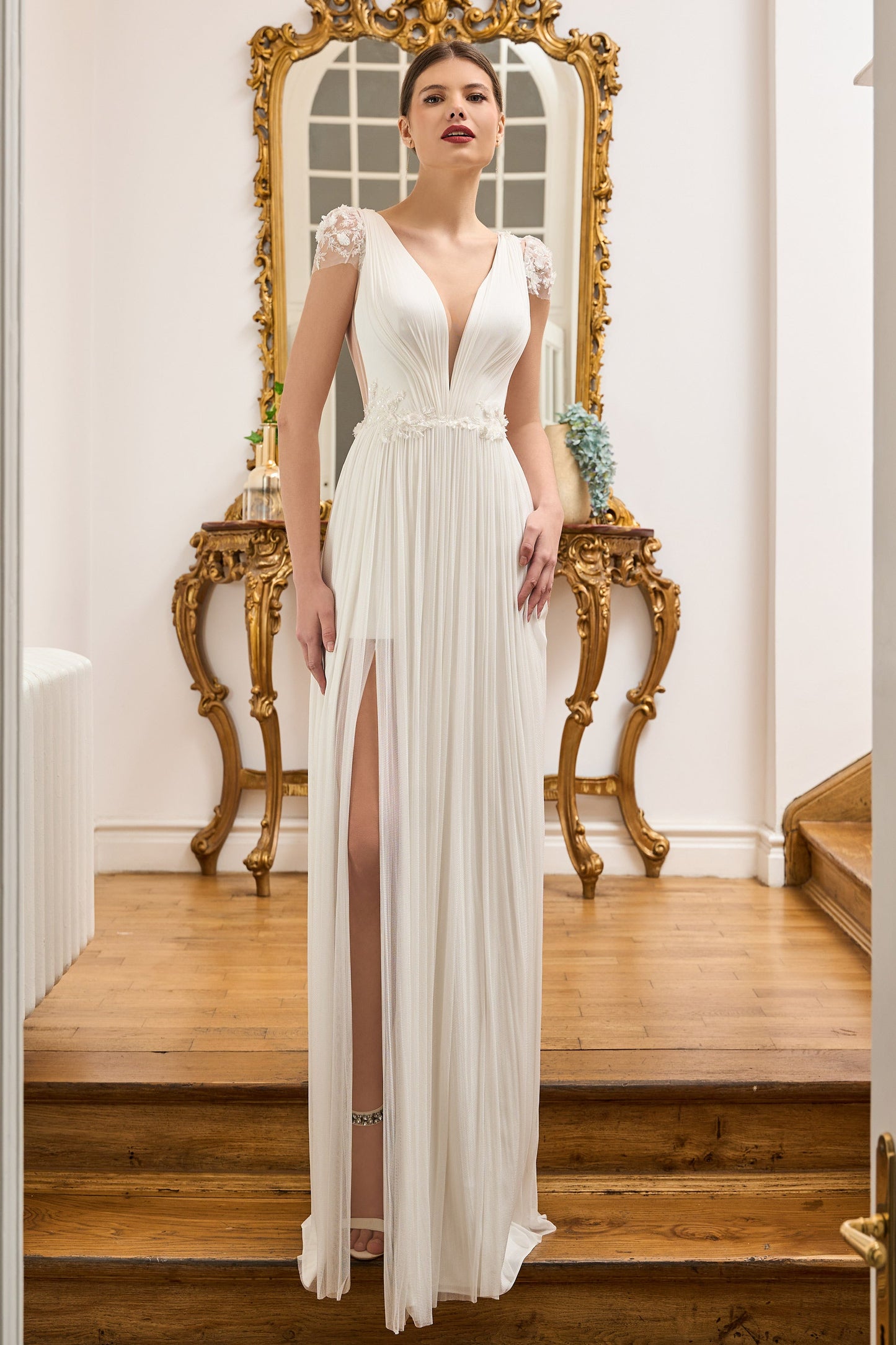 Cap Sleeve Pleated Slit Gown