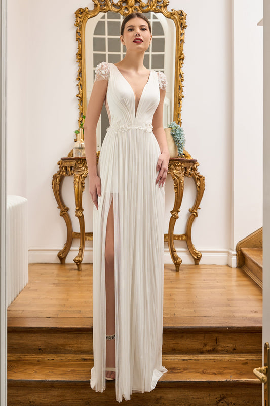 Cap Sleeve Pleated Slit Gown