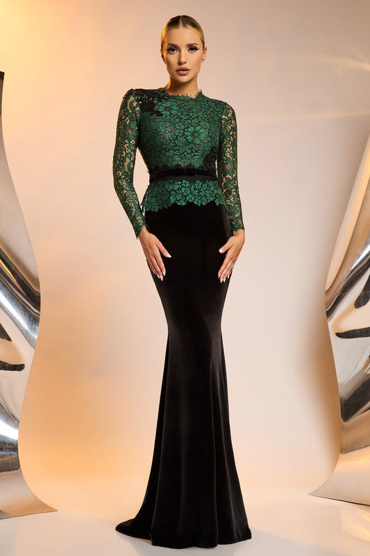 Lace and Velvet Long Sleeve Gown