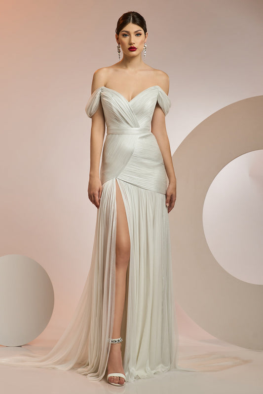 Off the Shoulder Pleated Slit Gown
