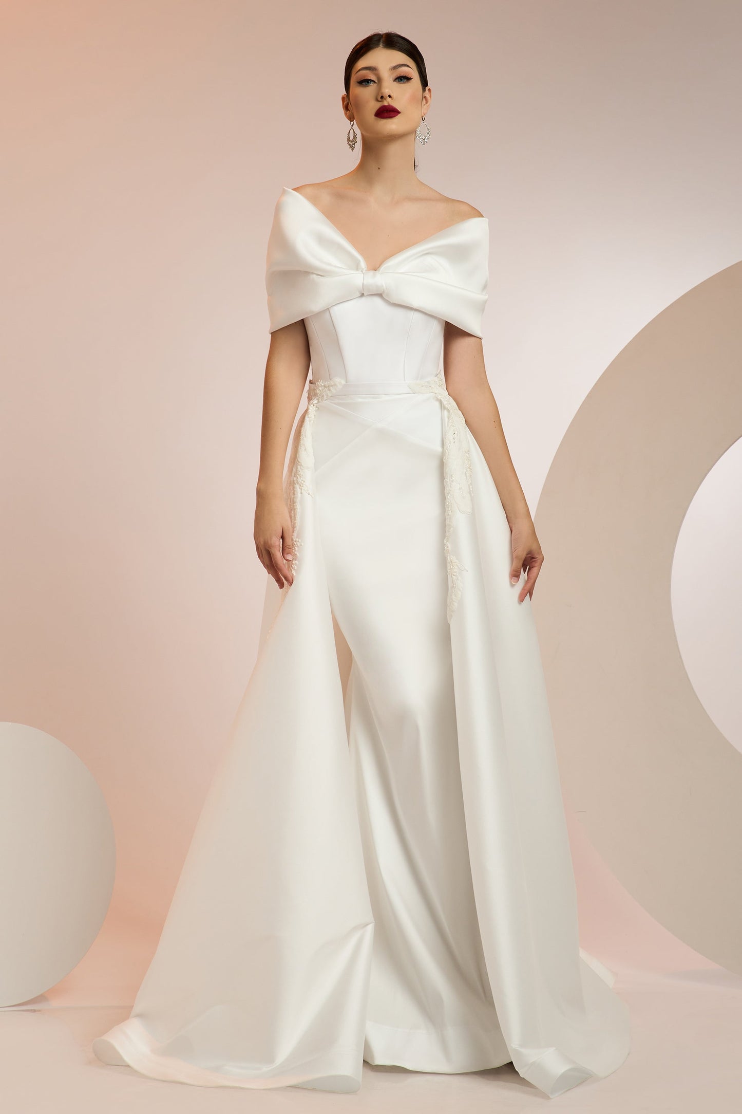 Stretch Taffeta Bow Bodice Gown with Train