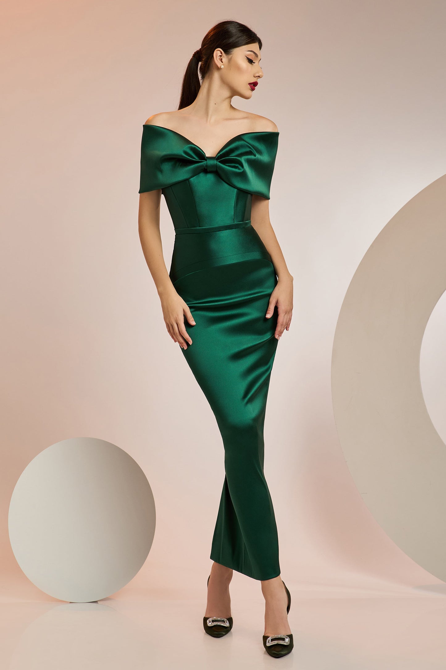 Stretch Taffeta Bow Bodice Gown