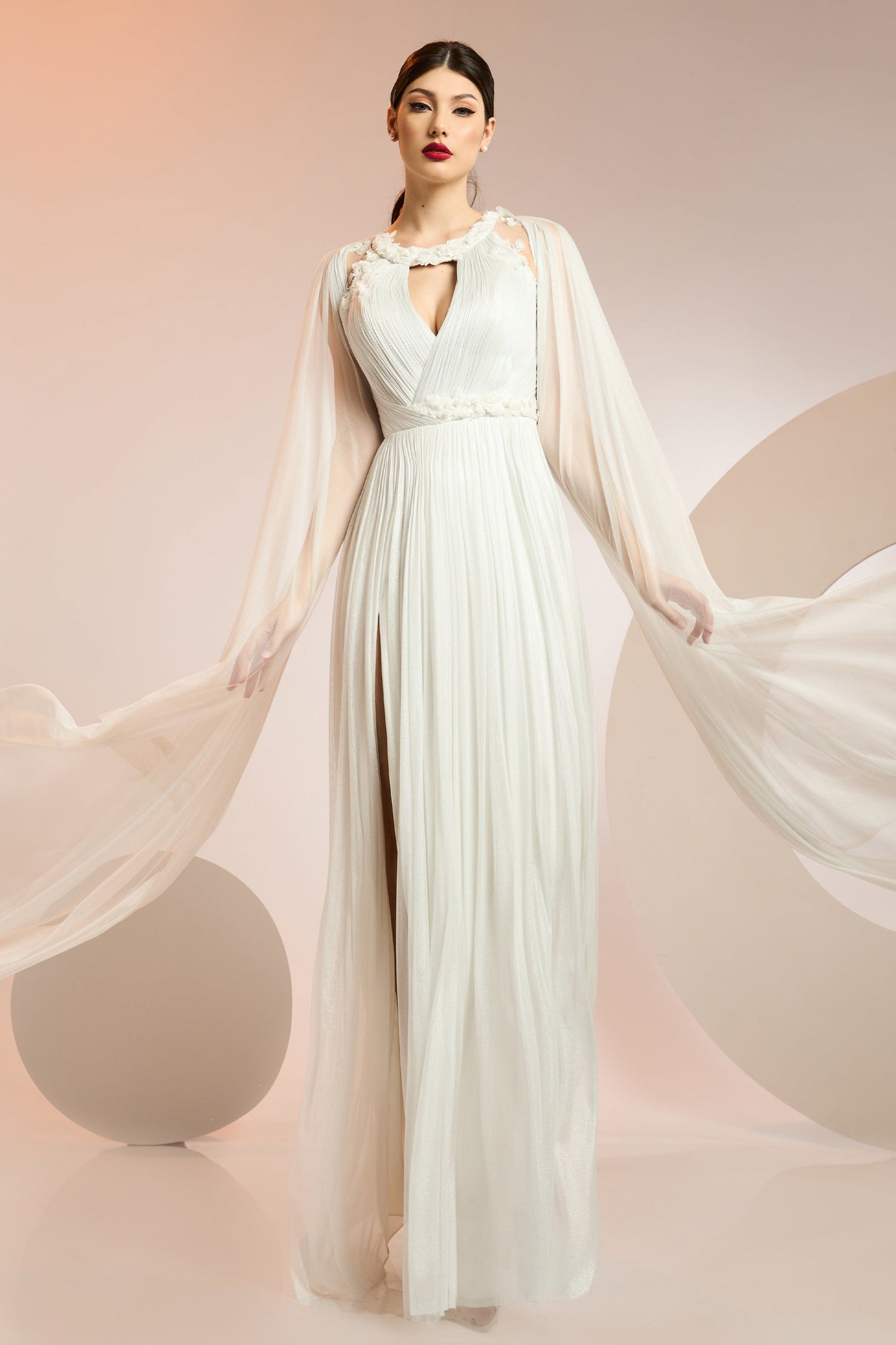 Cape Sleeve Pleated Slit Gown