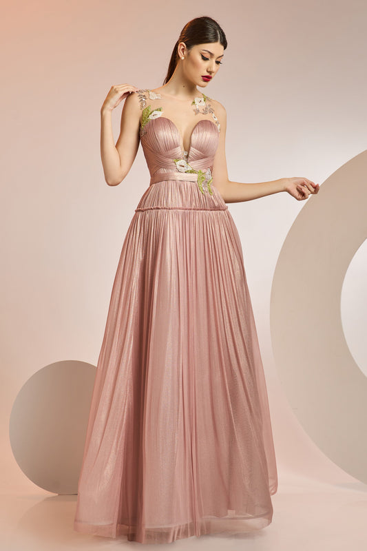 Pleated Floral Illusion Gown
