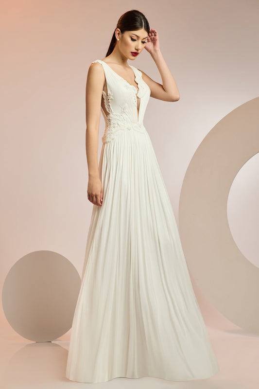 Plunging Neck Pleated Gown