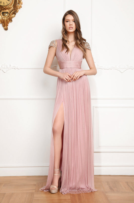 Cap Sleeve Sheer Back Evening Gown