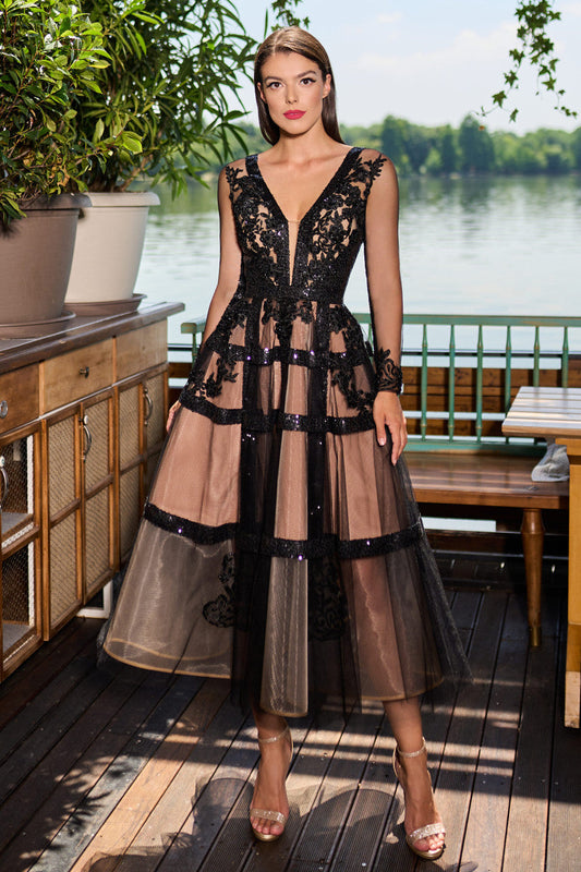 Embroidered Illusion Midi Dress
