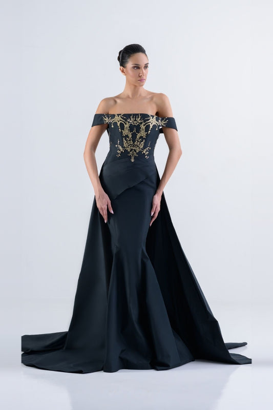 Edward Arsouni Off-Shoulder Embroidered Taffeta Gown with Overskirt SS2027-1259