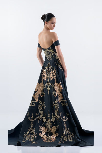Edward Arsouni Off-Shoulder Embroidered Taffeta Gown with Overskirt SS2027-1259