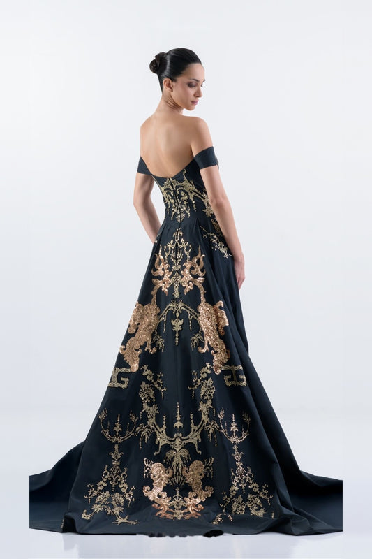 Edward Arsouni Off-Shoulder Embroidered Taffeta Gown with Overskirt SS2027-1259