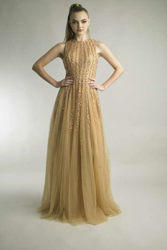 Sleeveless A-Line Crystal Beaded Gown