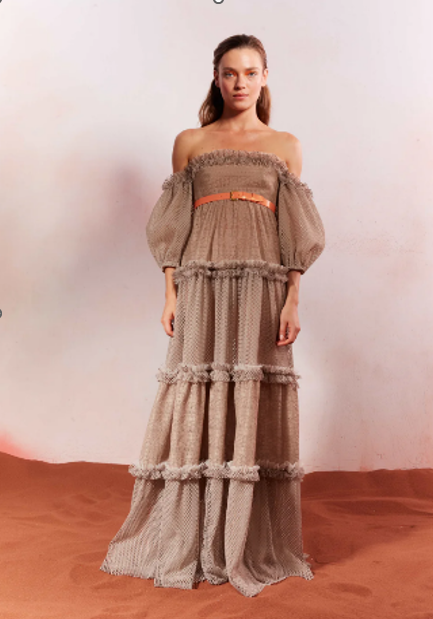 Off Shoulder Tiered Mesh Dress