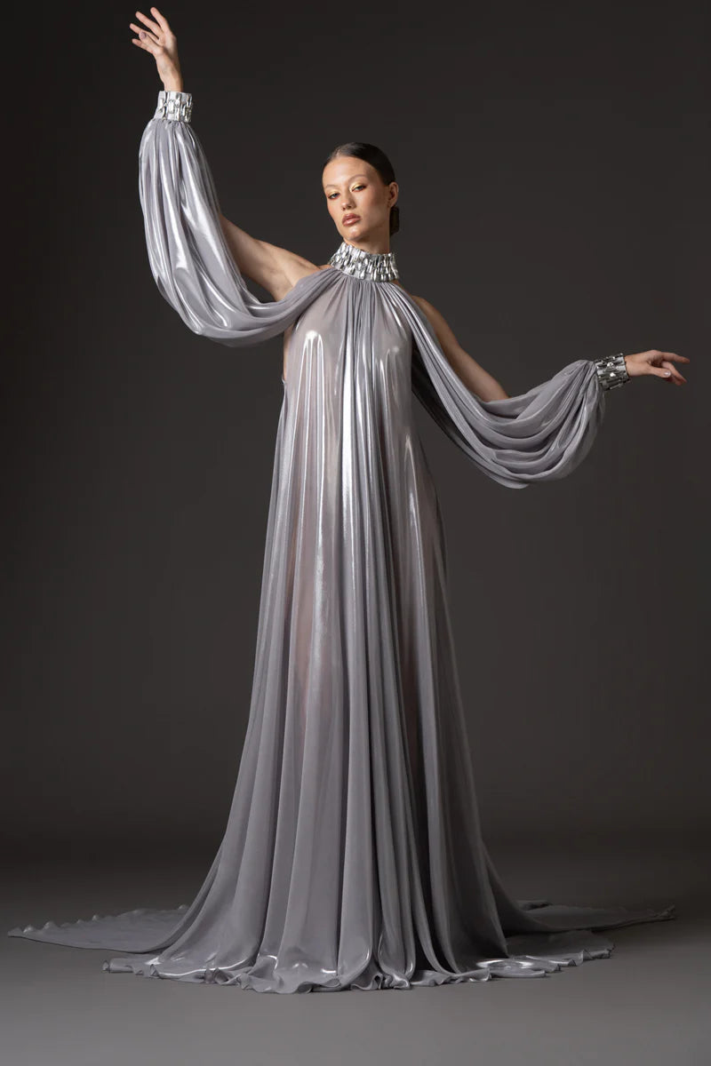 Halter Neck Silver Chiffon Lamé Dress