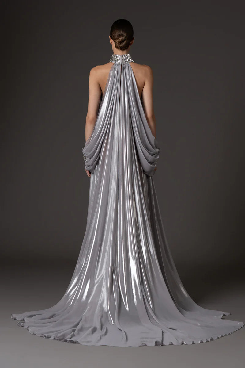 Halter Neck Silver Chiffon Lamé Dress
