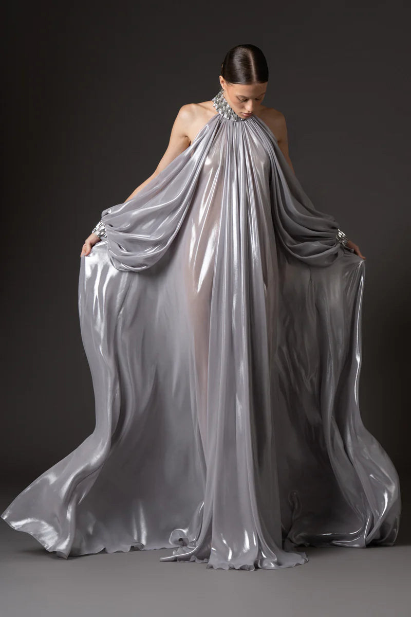 Halter Neck Silver Chiffon Lamé Dress