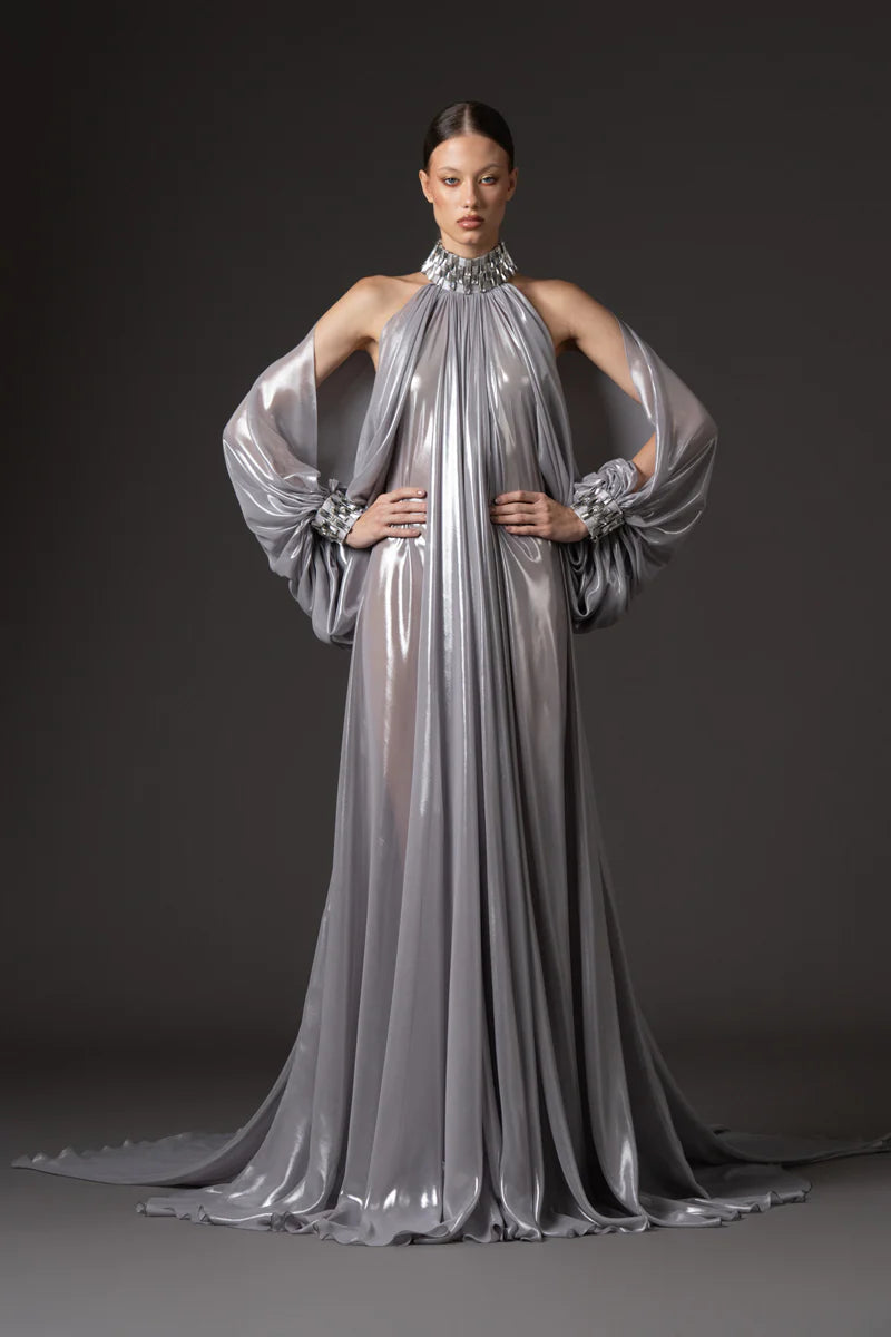 Halter Neck Silver Chiffon Lamé Dress