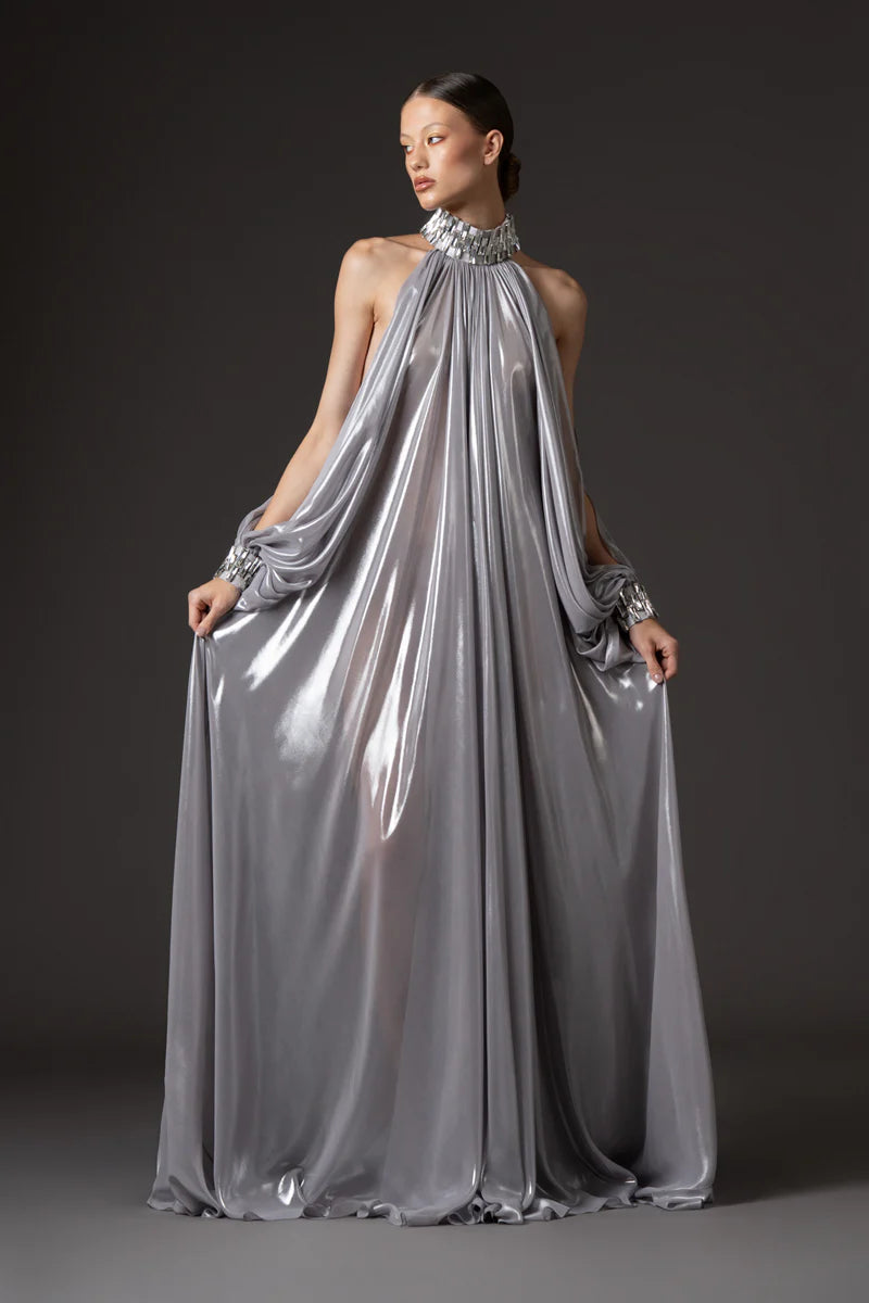 Halter Neck Silver Chiffon Lamé Dress