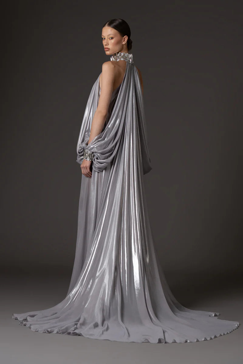 Halter Neck Silver Chiffon Lamé Dress