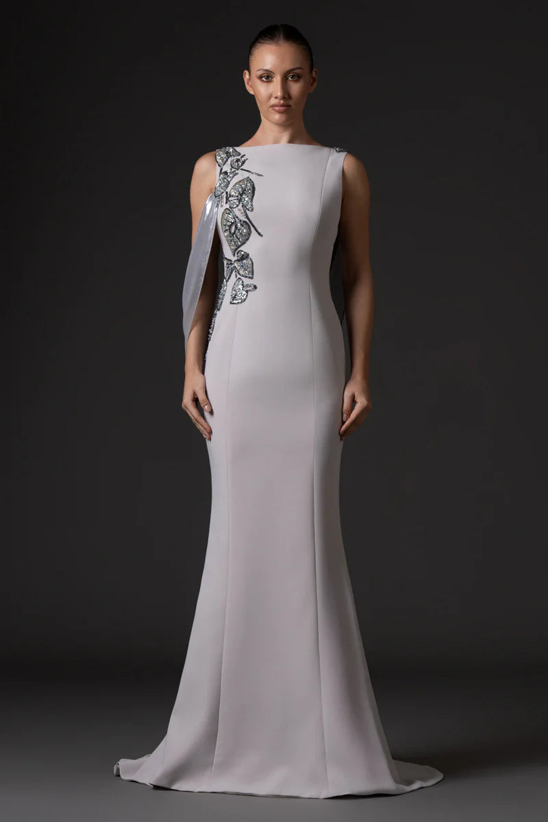 Silver Gray Crêpe Dress with Floral Embroidery