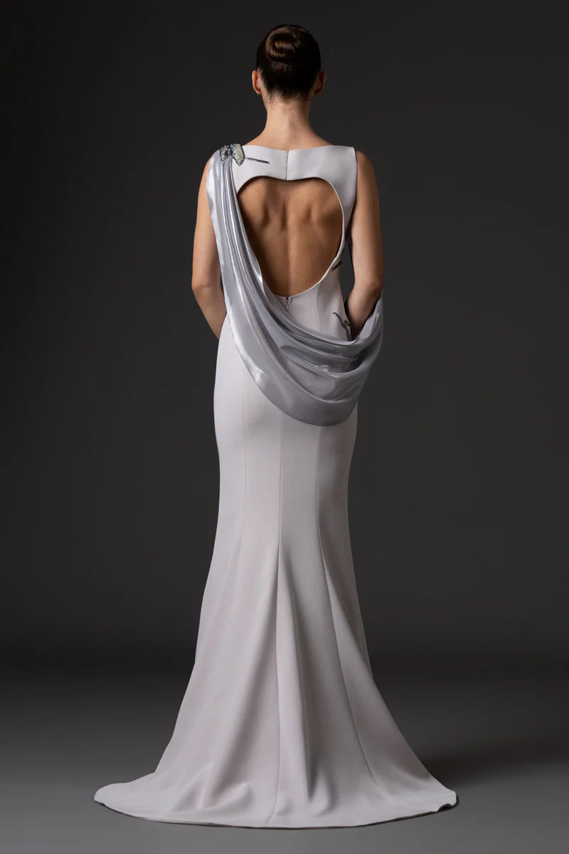 Silver Gray Crêpe Dress with Floral Embroidery
