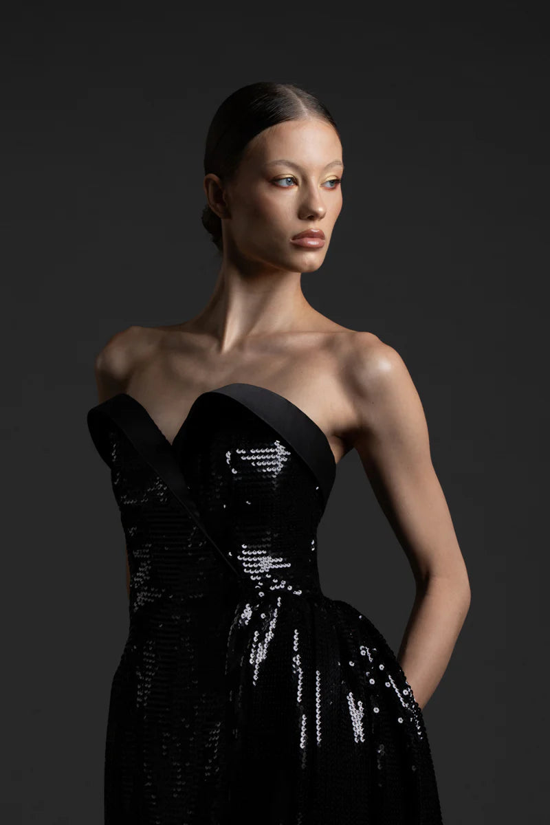 Strapless Black Sequin Dress with Overskirt
