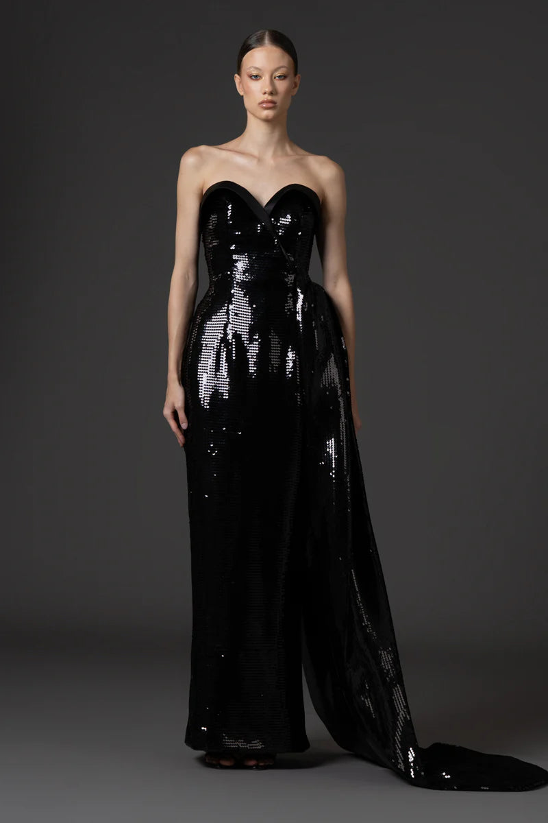 Strapless Black Sequin Dress with Overskirt