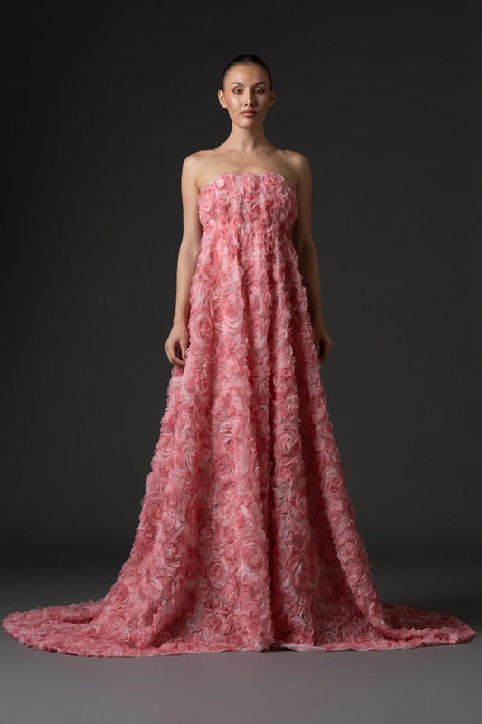 Strapless 3D Floral Embroidered Tulle Dress
