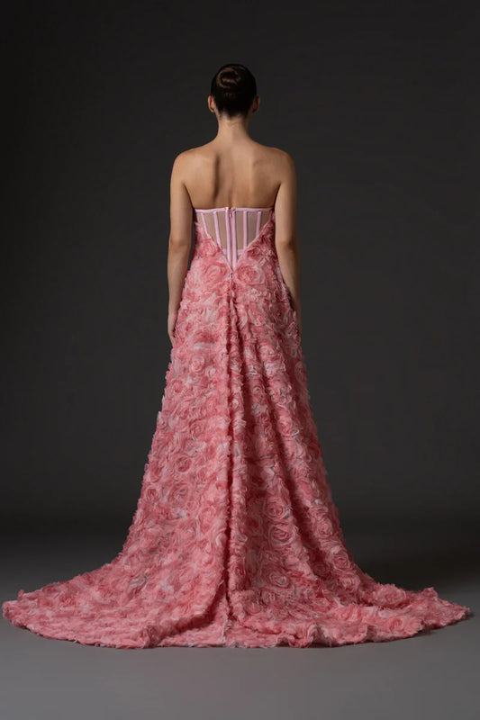 Strapless 3D Floral Embroidered Tulle Dress