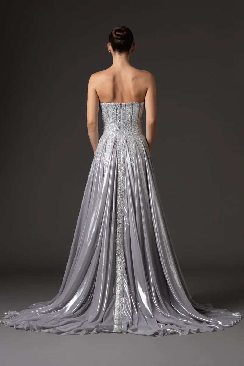 Strapless Silver Chiffon Lamé Dress