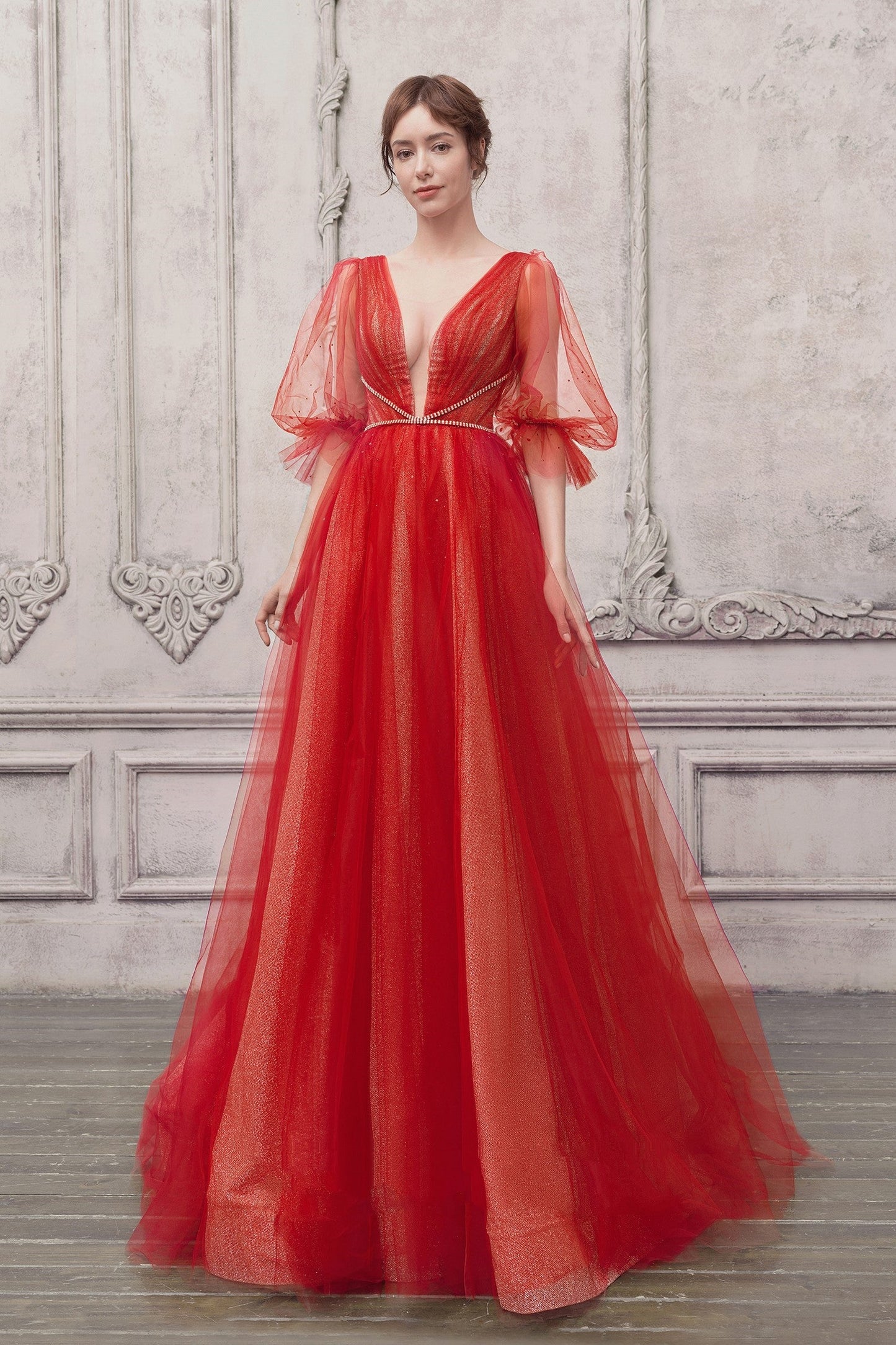Puff Sleeve Plunging Neck Gown