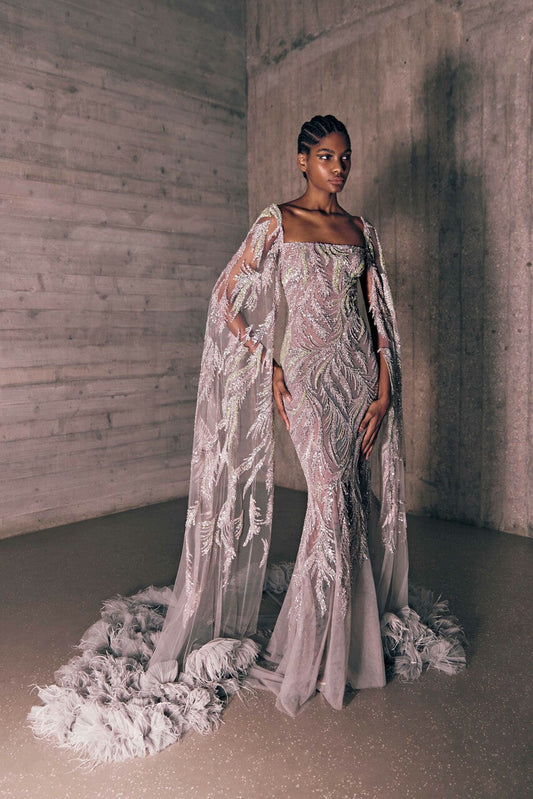 Embroidered Mermaid Gown with Cape Sleeves