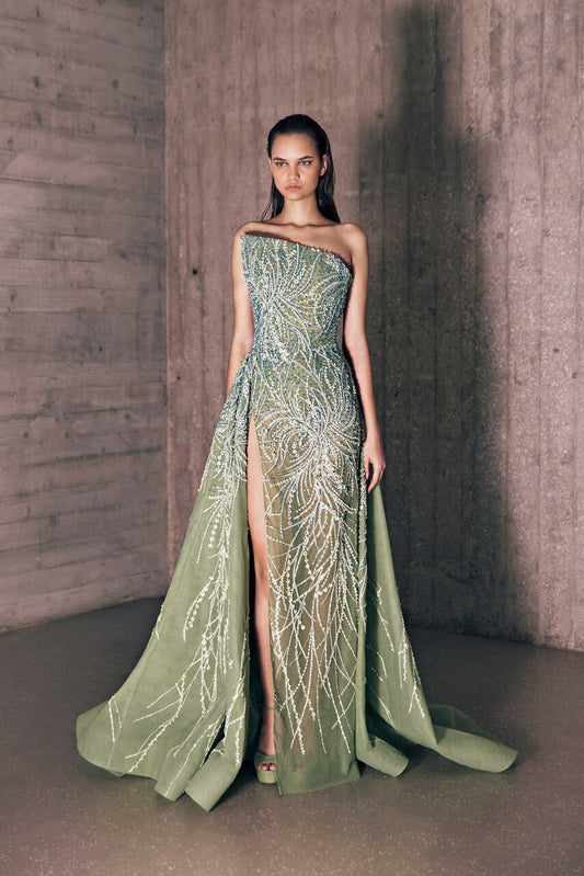 Dotted Embroidered Gown with Overskirt