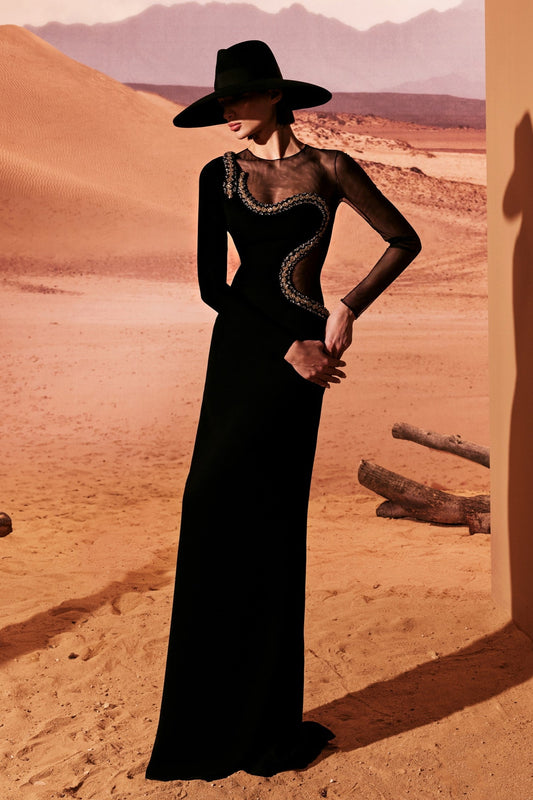 Sheer Cutout Crepe Gown