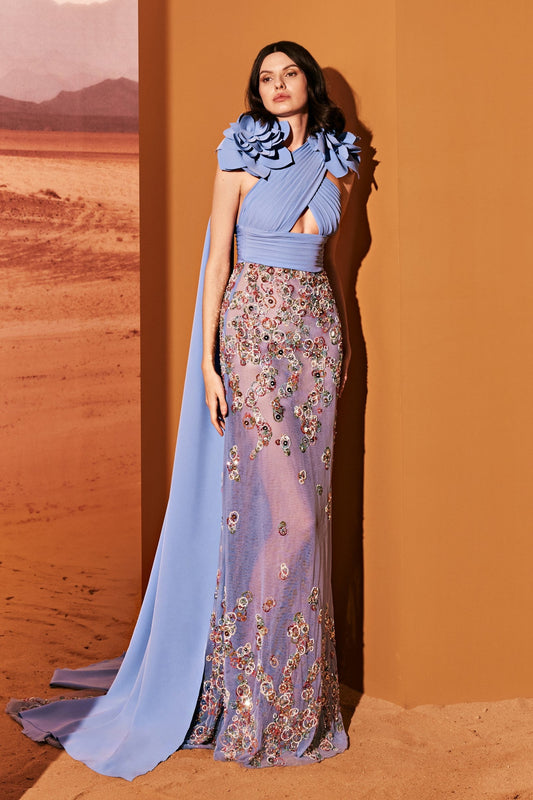 Crepe Criss-Cross Tulle Gown