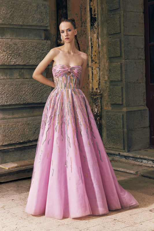 Embroidered Strapless Tulle Gown