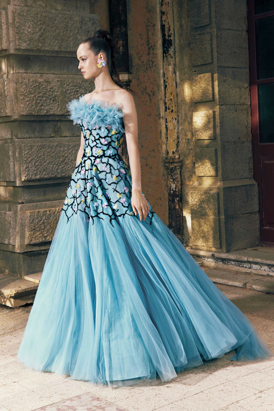 Strapless Hand Embroidered Tulle Gown
