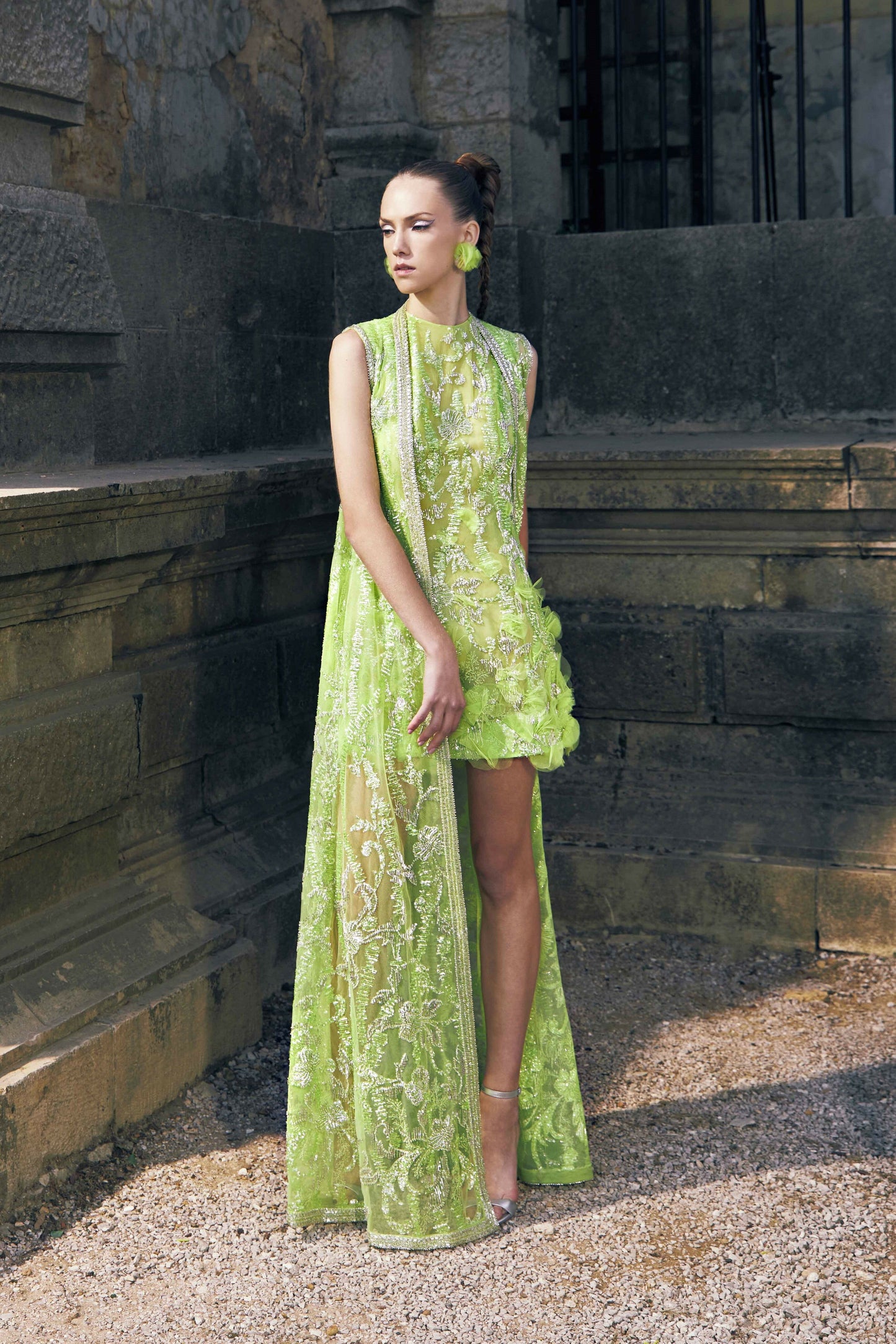 Embroidered Cocktail Dress with Tulle Coat
