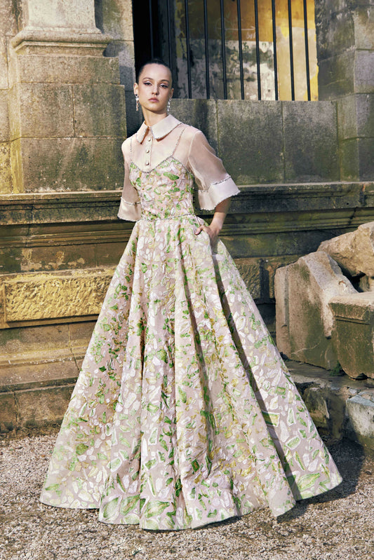 Silk and Lurex Thread Embroidered Tulle Gown
