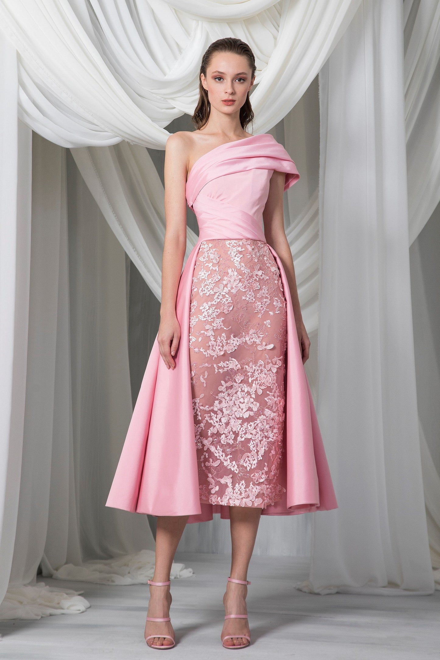 One Shoulder Pleated Taffeta Midi Dress