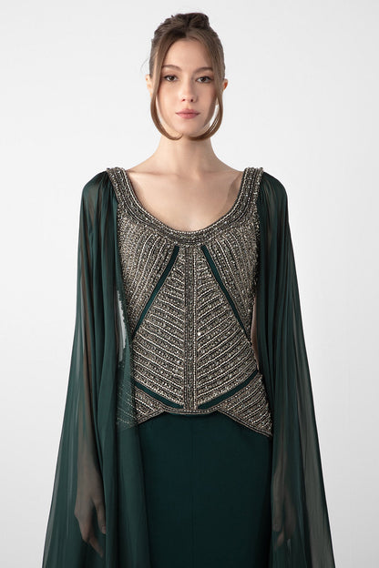 Beaded Bodice Cape Gown