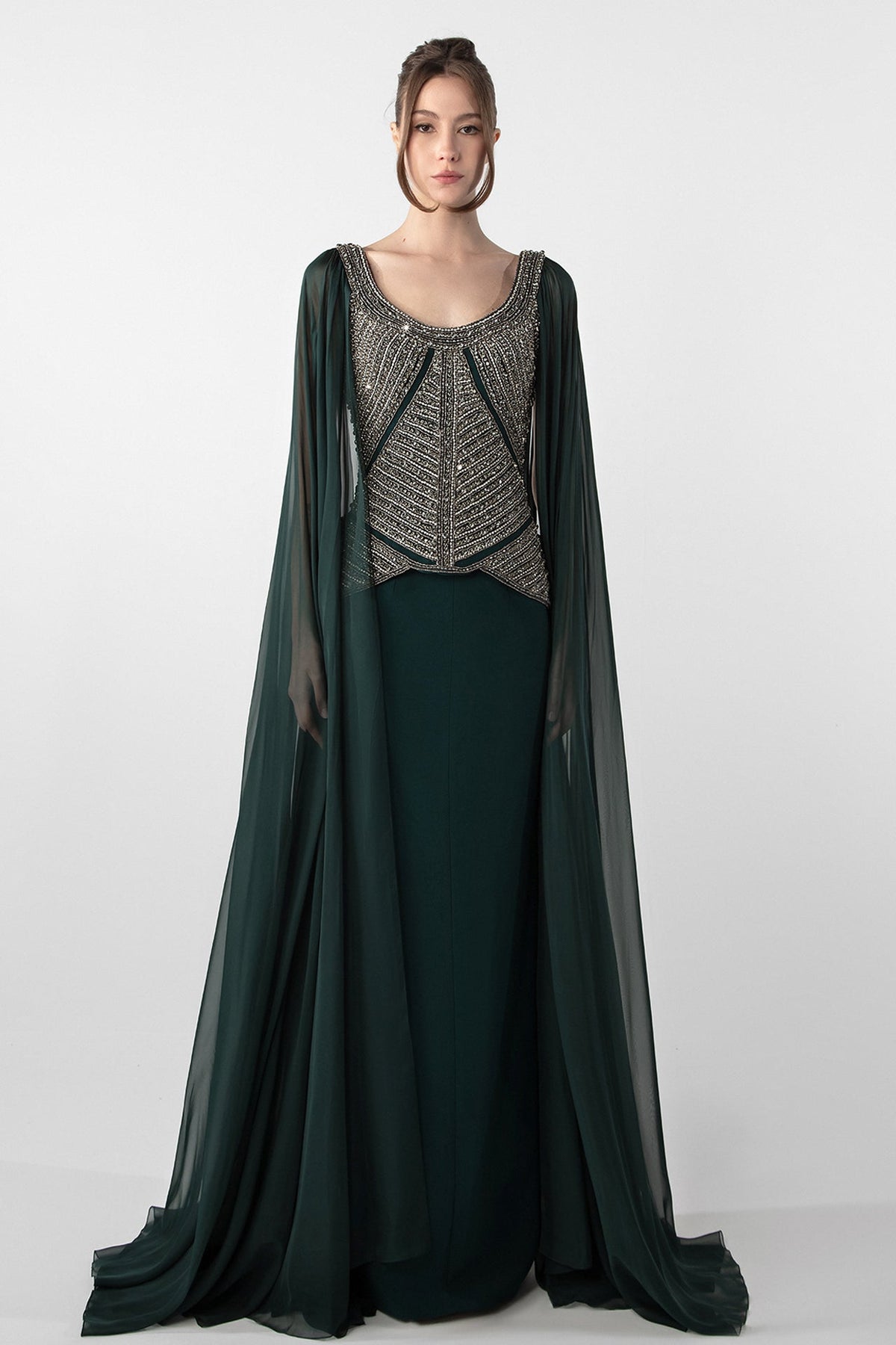 Beaded Bodice Cape Gown